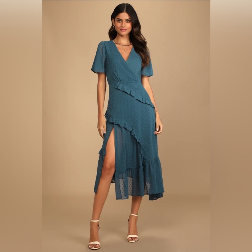 Next to You Slate Blue Swiss Dot Ruffled Midi Dress